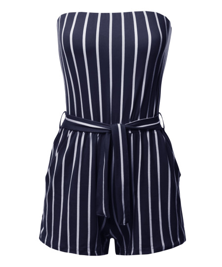 Women's Pinstripe Print Tube Romper Beachwear One-piece Jumpsuit