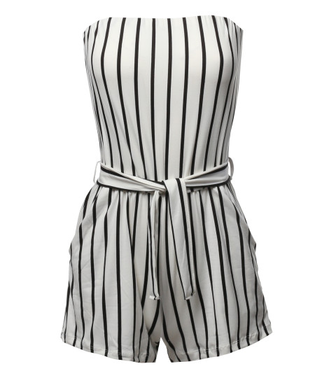 Women's Pinstripe Print Tube Romper Beachwear One-piece Jumpsuit