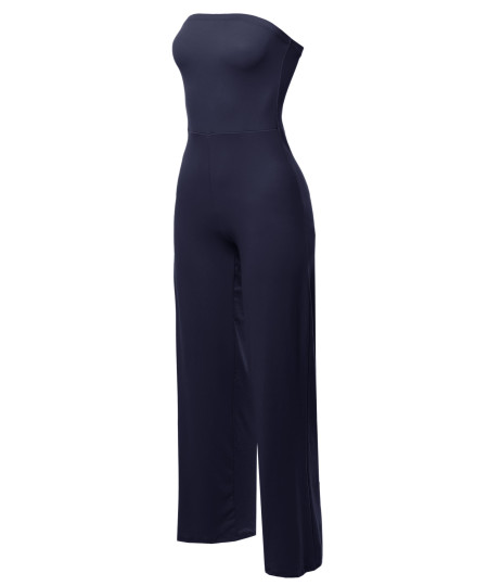 Women's Casual Tube Top Strapless Stretchable Long Wide Leg Jumpsuit 