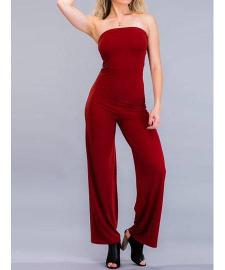 Women's Casual Tube Top Strapless Stretchable Long Wide Leg Jumpsuit 