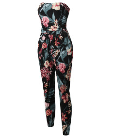 Women's Casual Cute Sexy Side Pockets Shirring  Stretchable Floral Tube Top Jumpsuit