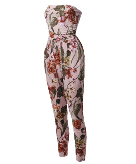 Women's Casual Cute Sexy Side Pockets Shirring  Stretchable Floral Tube Top Jumpsuit