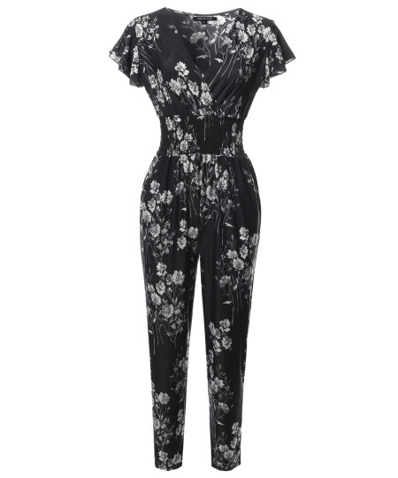 Women's V-Neck Ruffle Short Sleeves Smocking Waist Floral Long Jumpsuit