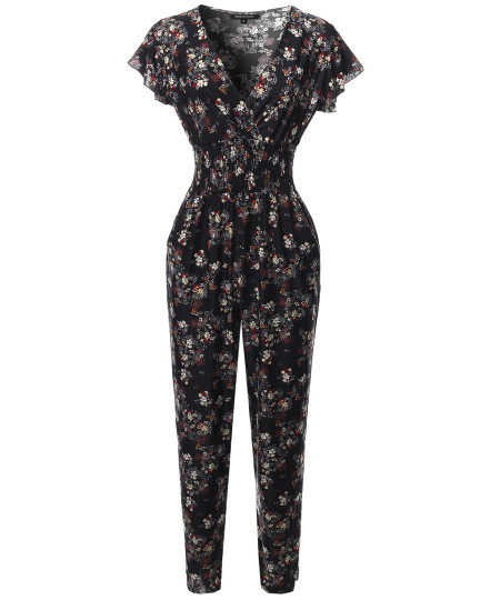 Women's V-Neck Ruffle Short Sleeves Smocking Waist Floral Long Jumpsuit