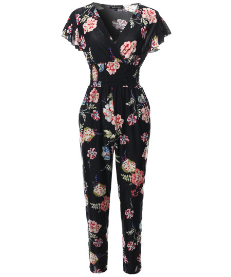 Women's V-Neck Ruffle Short Sleeves Smocking Waist Floral Long Jumpsuit