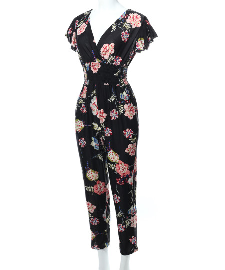 Women's V-Neck Ruffle Short Sleeves Smocking Waist Floral Long Jumpsuit