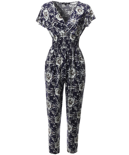 Women's V-Neck Ruffle Short Sleeves Smocking Waist Floral Long Jumpsuit