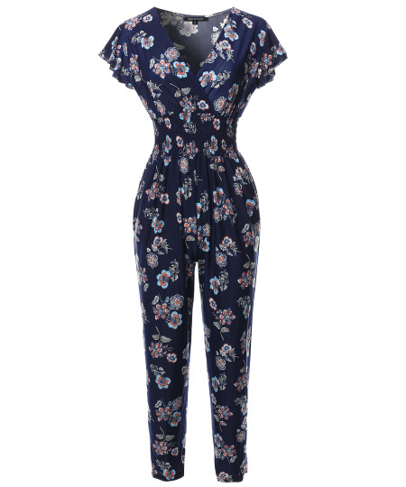 Women's V-Neck Ruffle Short Sleeves Smocking Waist Floral Long Jumpsuit