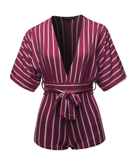 Women's Pinstripe Print Dolman Sleeves Romper Beachwear One-piece Jumpsuit