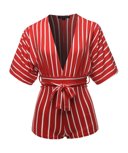 Women's Pinstripe Print Dolman Sleeves Romper Beachwear One-piece Jumpsuit