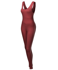 Women's Solid Sleeveless Scoop Neck Bodycon Contrast Side Jumpsuit Bodysuit