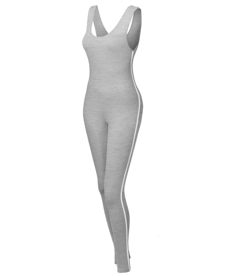 Women's Solid Sleeveless Scoop Neck Bodycon Contrast Side Jumpsuit Bodysuit