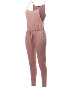 Women's Solid Elastic Waist Adjustable Straps Long Jumpsuit