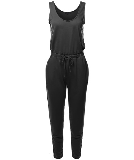 Women's Solid Sleeveless Drawstring Waist Long Jumpsuit