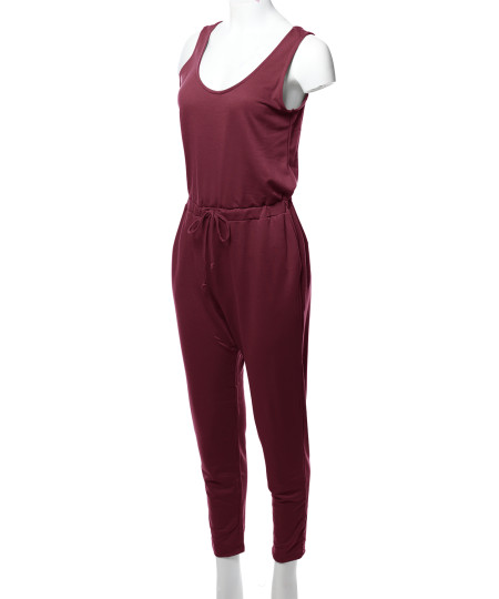 Women's Solid Sleeveless Drawstring Waist Long Jumpsuit