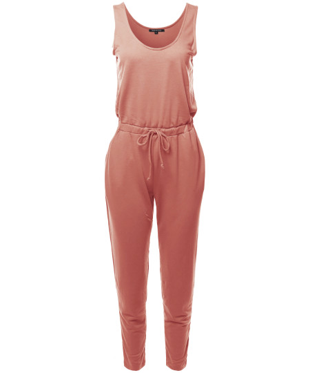 Women's Solid Sleeveless Drawstring Waist Long Jumpsuit