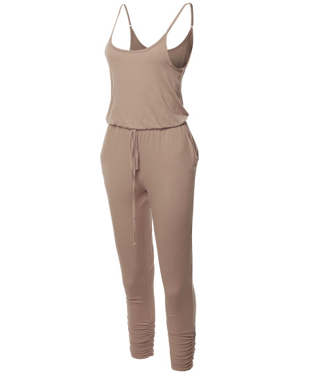 Women's Solid Sleeveless Elastic Waist Adjustable Straps Jumpsuit