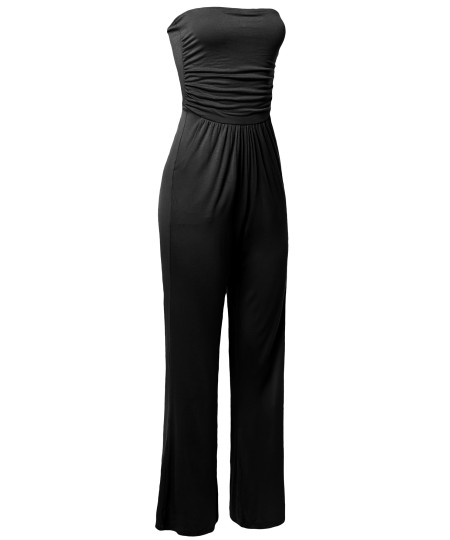 Women's Casual Tube Top Strapless Stretchable Long Wide Leg Jumpsuit 