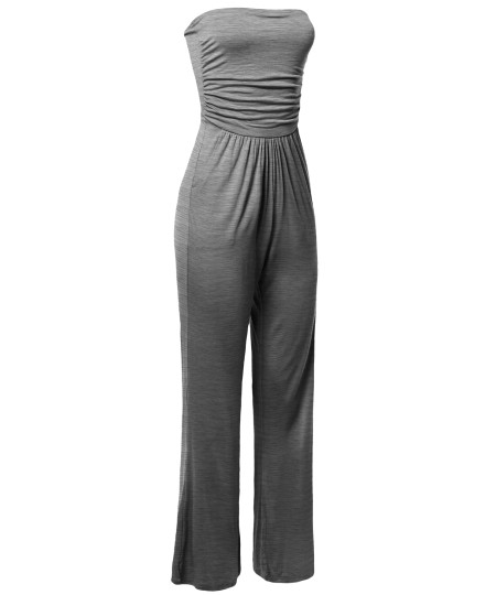 Women's Casual Tube Top Strapless Stretchable Long Wide Leg Jumpsuit 