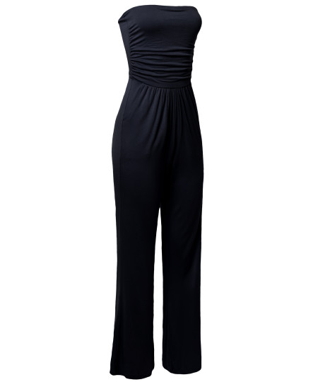 Women's Casual Tube Top Strapless Stretchable Long Wide Leg Jumpsuit 