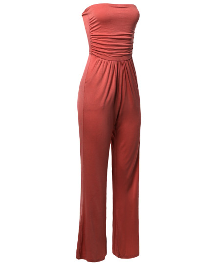 Women's Casual Tube Top Strapless Stretchable Long Wide Leg Jumpsuit 