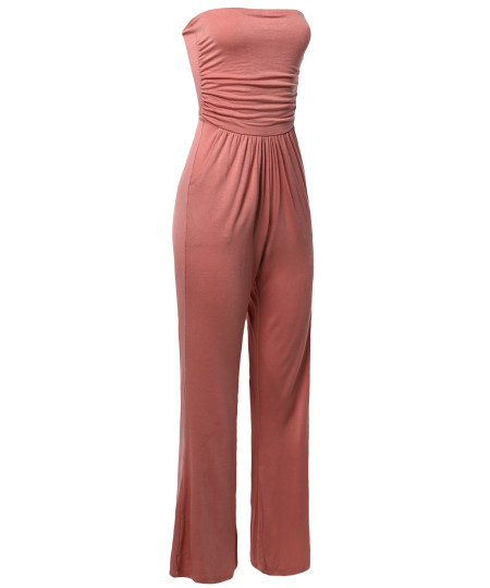 Women's Casual Tube Top Strapless Stretchable Long Wide Leg Jumpsuit 