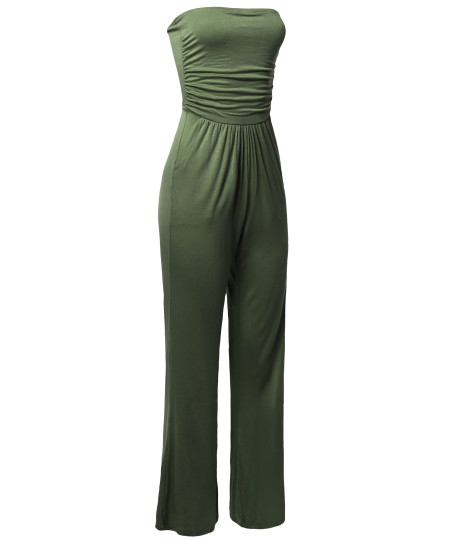 Women's Casual Tube Top Strapless Stretchable Long Wide Leg Jumpsuit 