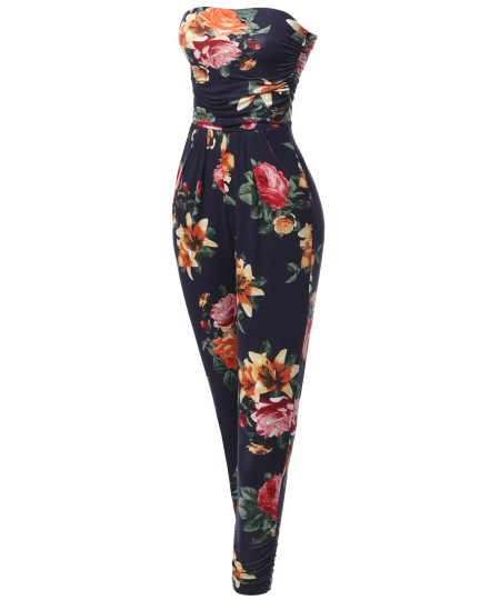 Women's Casual Cute Sexy Side Pockets Shirring  Stretchable Floral Tube Top Jumpsuit