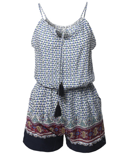 Women's Casual Side Pockets Patterned Front Straps Detail Sleeveless Romper