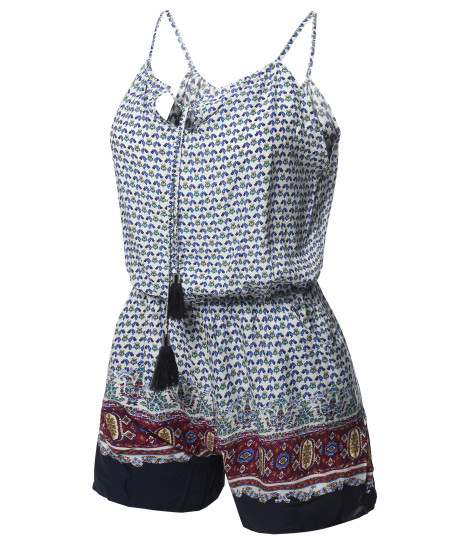 Women's Casual Side Pockets Patterned Front Straps Detail Sleeveless Romper