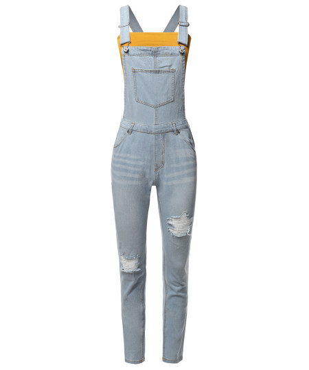 Women's Casual Classic Stylish Denim Single Chest Pocket Bib Strap Ripped Overall