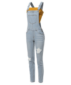 Women's Casual Classic Stylish Denim Single Chest Pocket Bib Strap Ripped Overall