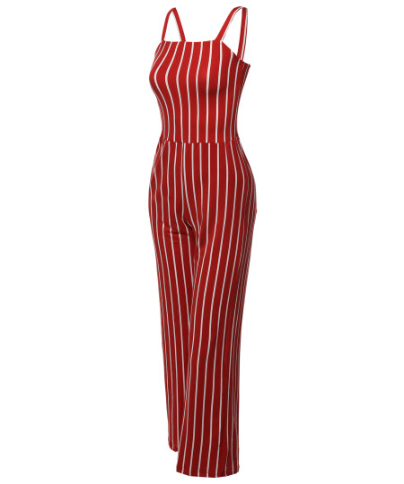 Women's Casual Fashionable Stretchable Pinstripe Long Wide Leg Jumpsuit 