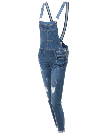 Women's Casual Stylish Skinny Denim Single Chest Pocket Bib Strap Ripped Overall