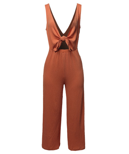 Women's Sexy V Neck Front Self Tie Knot Romper Jumpsuit