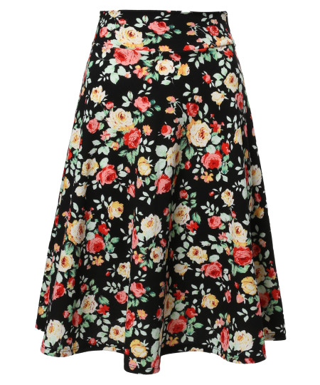 Women's Floral Elasticized Waistband Swing A-Lined Skirt MADE in USA