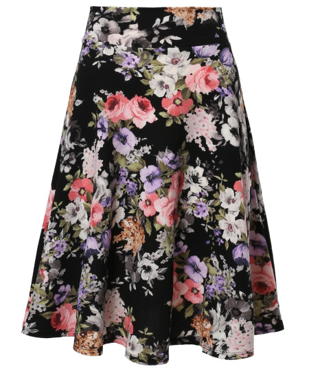 Women's Floral Elasticized Waistband Swing A-Lined Skirt MADE in USA