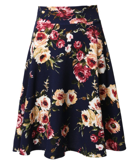 Women's Floral Elasticized Waistband Swing A-Lined Skirt MADE in USA