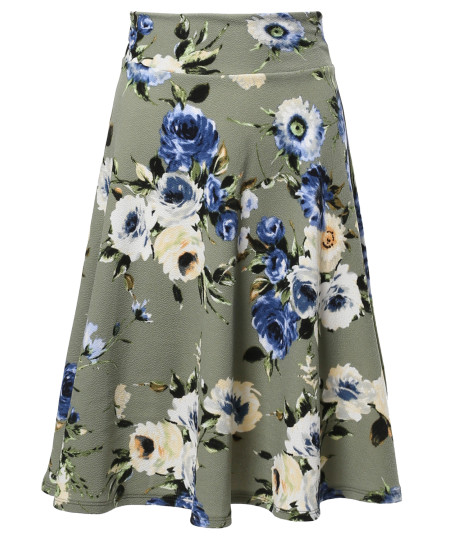 Women's Floral Elasticized Waistband Swing A-Lined Skirt MADE in USA