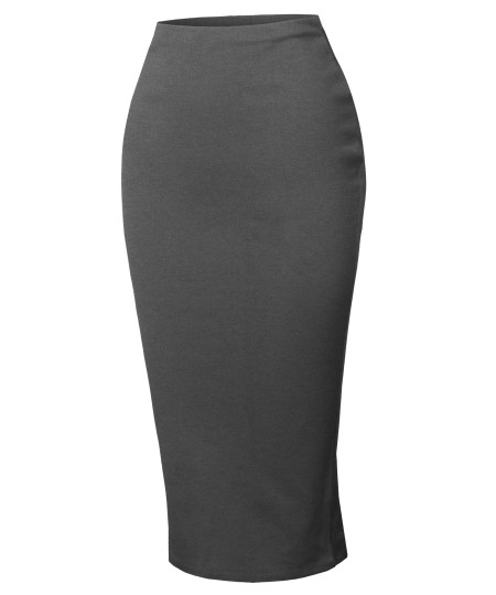 Women's High Waist Basic Pencil Stretch Span Midi Length Back-Slit Back Skirt