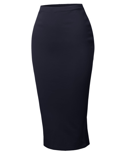 Women's High Waist Basic Pencil Stretch Span Midi Length Back-Slit Back Skirt