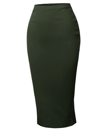 Women's High Waist Basic Pencil Stretch Span Midi Length Back-Slit Back Skirt