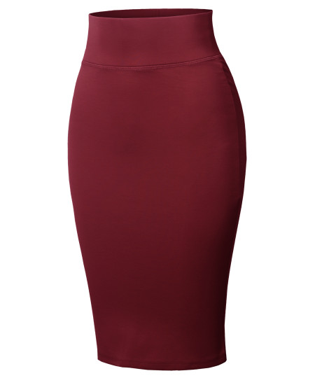 Women's High Waist Basic Pencil Stretch Span Midi Length Back-Slit Office Skirt