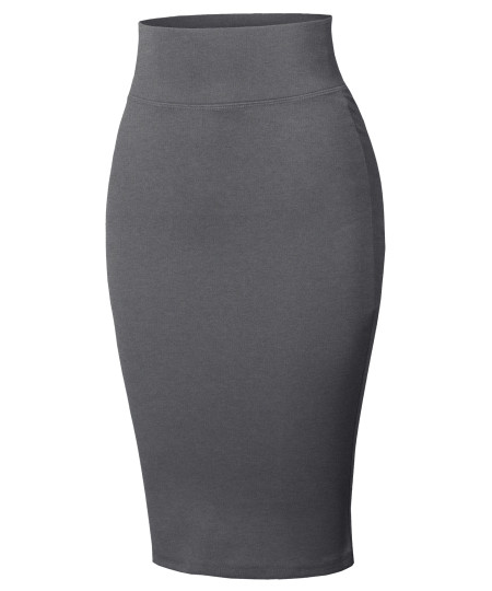 Women's High Waist Basic Pencil Stretch Span Midi Length Back-Slit Office Skirt