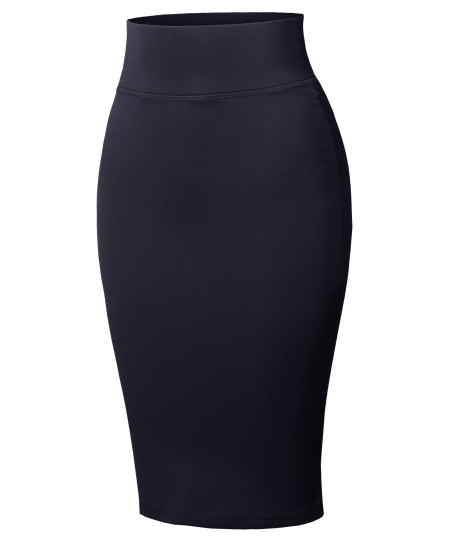 Women's High Waist Basic Pencil Stretch Span Midi Length Back-Slit Office Skirt