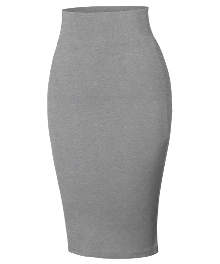 Women's High Waist Basic Pencil Stretch Span Midi Length Back-Slit Office Skirt