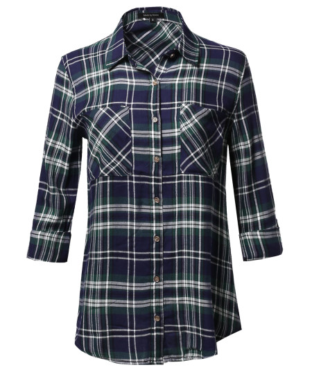 Women's Asymmetrical Plaid Roll-Tab Sleeves Point Collar Shirt