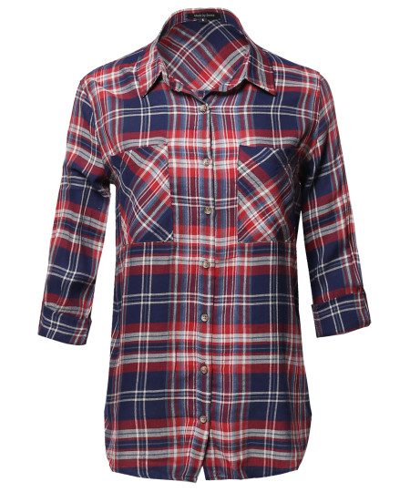 Women's Asymmetrical Plaid Roll-Tab Sleeves Point Collar Shirt