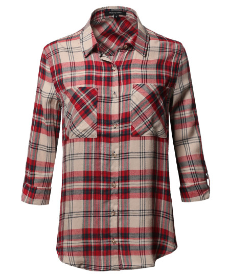 Women's Asymmetrical Plaid Roll-Tab Sleeves Point Collar Shirt