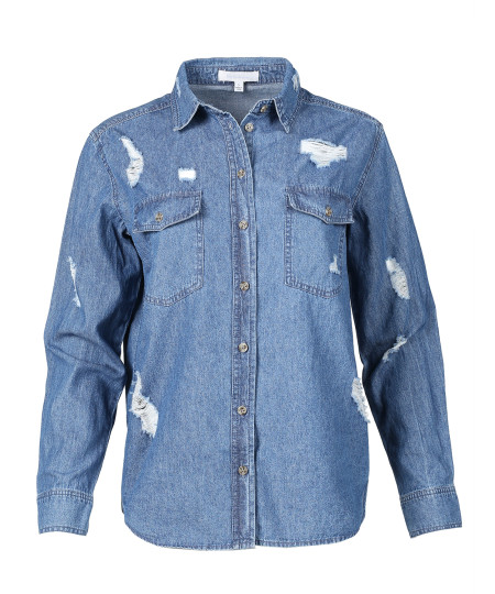 Women's Relaxed Long Sleeve Distress Chambray Denim Button Down Shirt